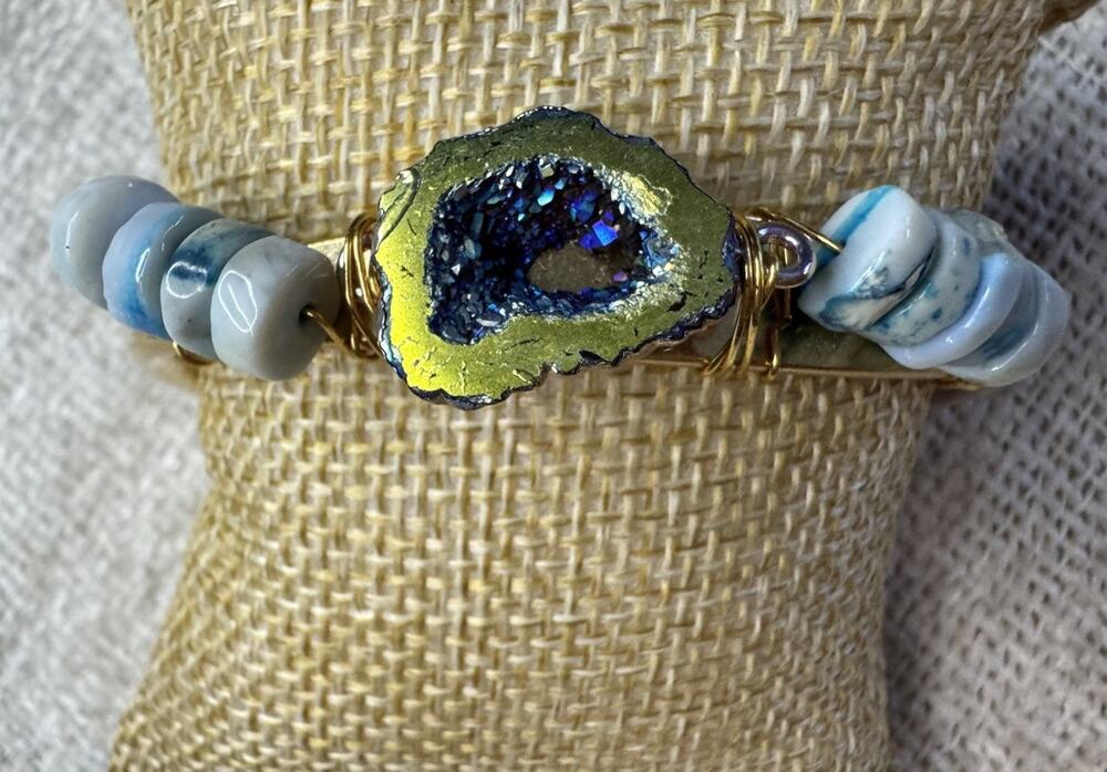 NEW - Upcycled 70’s Brass Cuff Bracelet Geode Druzy Stone, Blue & Green Beads